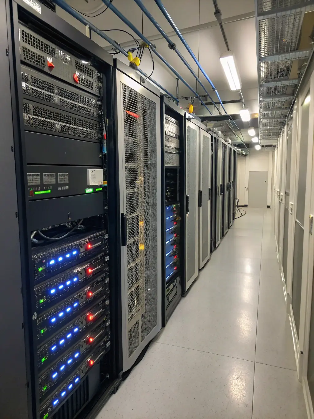 A close-up shot of a modern server room with blinking lights, symbolizing the infrastructure supporting blockchain technology and decentralized finance.