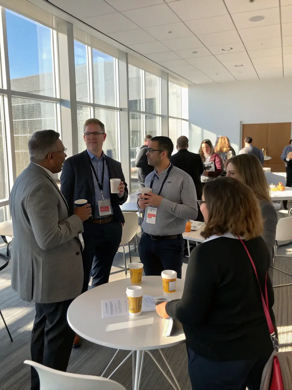 A photograph of a diverse group of professionals networking at a summit, with name tags and engaging in conversations about financial technology.