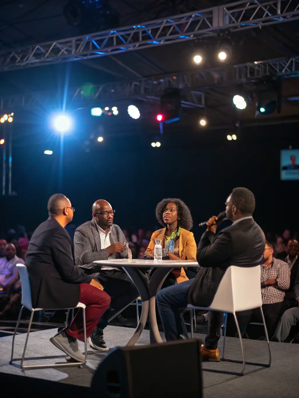 A high-angle photograph of a panel discussion at a finance and technology summit, with diverse speakers and engaged audience members, focusing on the topic of AI in investment strategies.